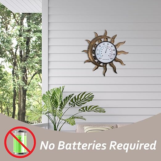 14" Sun-Moon Outdoor Thermometer, Metal Wall Thermometer No Need Battery, Decorative Indoor Thermometer for Patio, Garden, Living Room