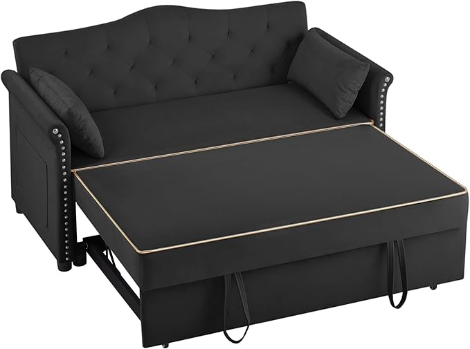 57" Velvet Pull-Out Sofa Bed, 3-in-1 Convertible Loveseat with Gold Trim Strips and Adjustable Backrest, Perfect for Living Rooms, Offices and Apartments (Black)