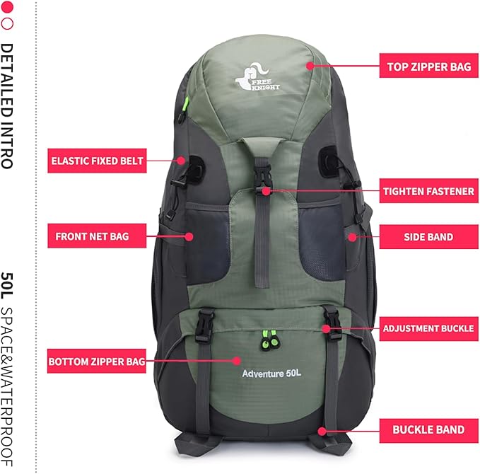 Bseash 50L Hiking Backpack, Water Resistant Lightweight Outdoor Sport Daypack Travel Bag for Camping Climbing Skiing Cycling (Army Green - With Shoe Compartment)