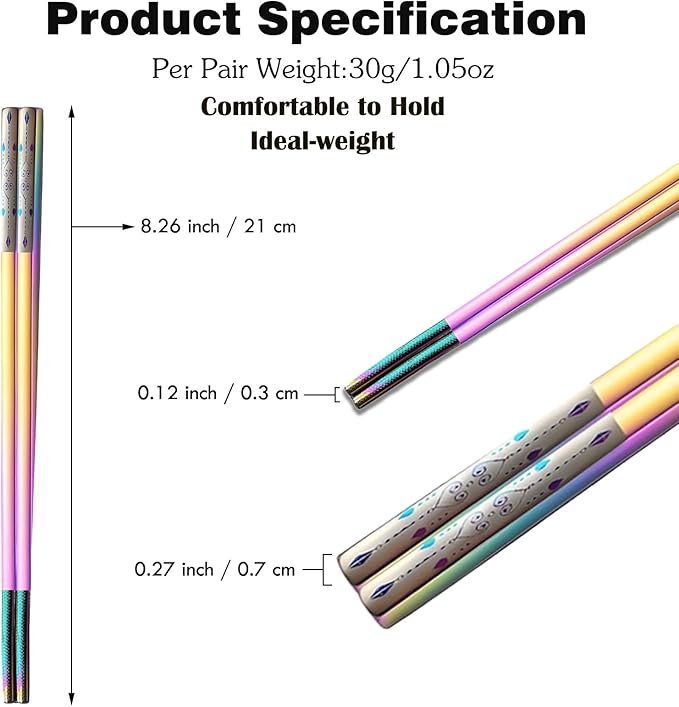 Metal Chopsticks Reusable 1 Pair Stainless Steel Travel Chopsticks Dishwasher Safe Square Lightweight Non-Slip Chop Sticks with case (Colorful Waterdrop Diamond)