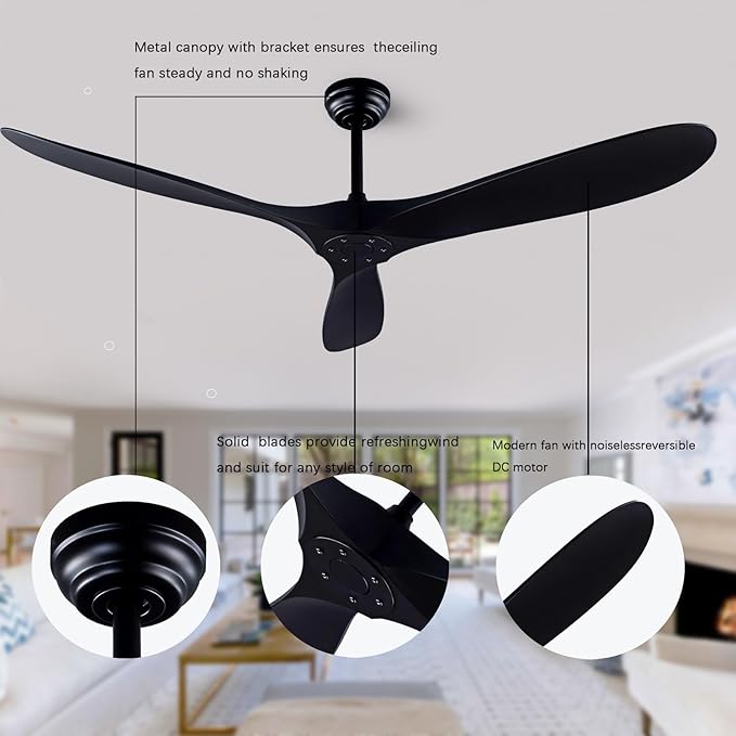 60" Solid Wood Lampless Ceiling Fan, Indoor/Outdoor, Modern, Black, 3 Wood Blades, DC Inverter Motor, Remote Control, 6 Speeds, 145 RPM, 30DB, for Living Room, Bedroom, Office, Farmhouse