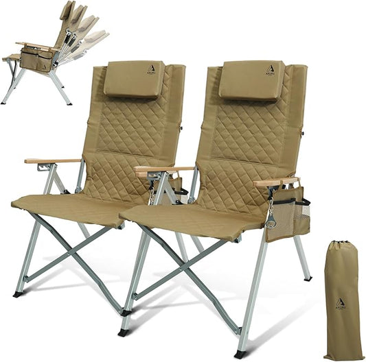 Reclining Camping Chair 2 Pack, Folding Lawn Chairs with 4-Stage Adjustable High Back for Adults Heavy Duty, Compact Foldable Outdoor Patio Recliner Chair with Side Bag (Khaki)