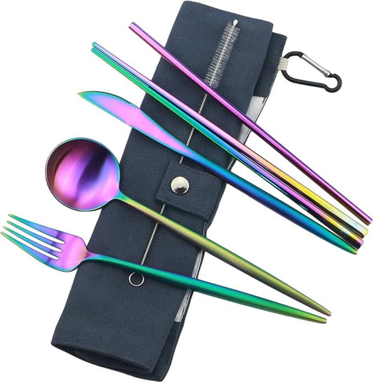 Gugrida Reusable Travel Utensils, 7 Piece Portable 304 Stainless Steel including Knife Fork Spoon Chopsticks Cleaning Brush Straws Portable Pouch, Eco-friendly Camping Silverware Set, Dishwasher Safe