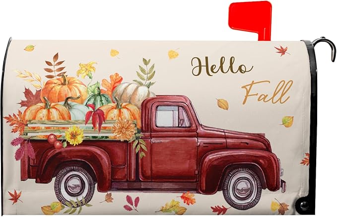 Hello Fall Mailbox Cover Magnetic Autumn Pickup Truck with Pumpkins Letter Box Cover Oversized Size 25.5x21 Inch Happy Harvest Festival Thanksgiving Decorative Post Box Covers for Garden Yard