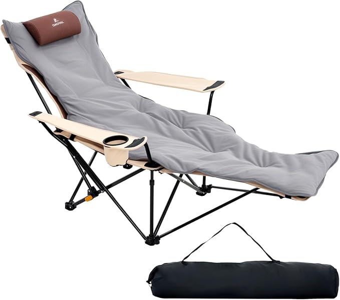 Reclining Camping Chair with Removable Footrest, 4-Position Adjustable Lightweight Folding Lounge Beach Chair with Cotton Cushion, Cup Holder & Storage Pouch for Outdoor(330lbs Capacity), Beige