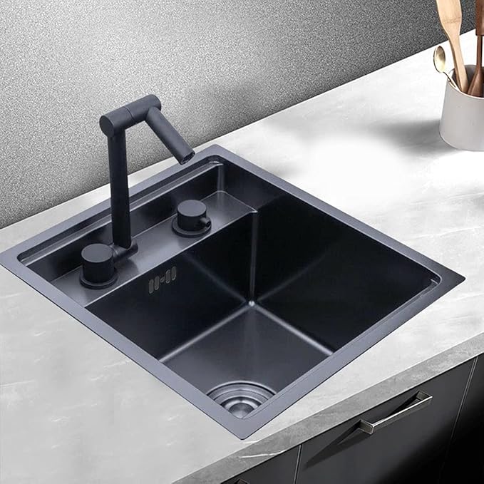 15-inch Hidden RV Kitchen Bar Sink with Folding Faucet, Cover, Drain Pipe and Strainer Full Set, Small Stainless Steel Prep Sink for Workstation, RV, Kitchen and Bar(Black)