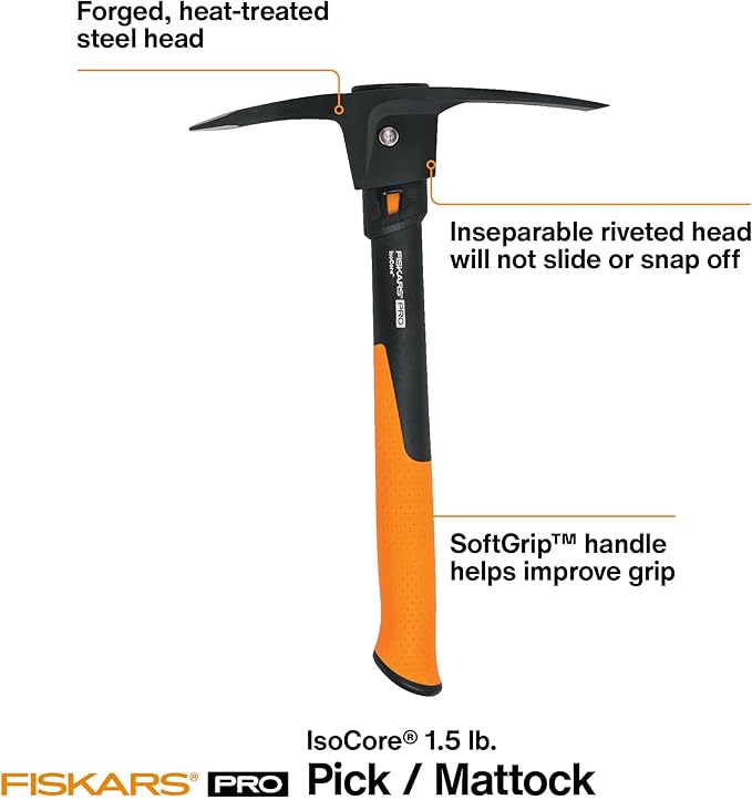 Fiskars IsoCore Pickaxe Mattock with Shock-Absorbing Handle, Dual-Head Tool for Roots & Rocks, 1.5 lb