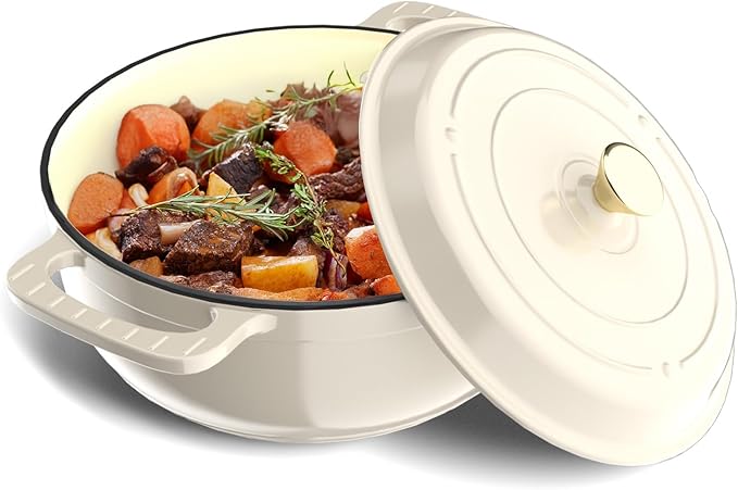BONNLO 6QT Round Dutch Oven, Enameled Cast Iron Dutch Oven Pot with Lid & Dual Handles, Oven Safe Up to 500° F, for Sourdough, Bread Baking, Stews and Roasting (Cream)