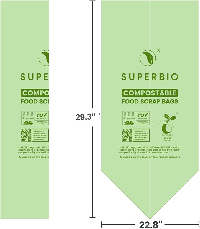 SUPERBIO 13 Gallon Flat Top Compostable Food Waste Bags, 50 Count, 2 Pack, 49.2L, 0.87 Mil, ASTM D6400 BPI and OK compost INDUSTRIAL