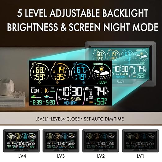 Uzoli EM3390 7.5" Weather Station, Weather Station Wireless Indoor Outdoor Thermometer, Digital Weather Stations 3 Sensors with Atomic Clock, Barometer, Moon Phase, Large Screen Monitor for Home Use