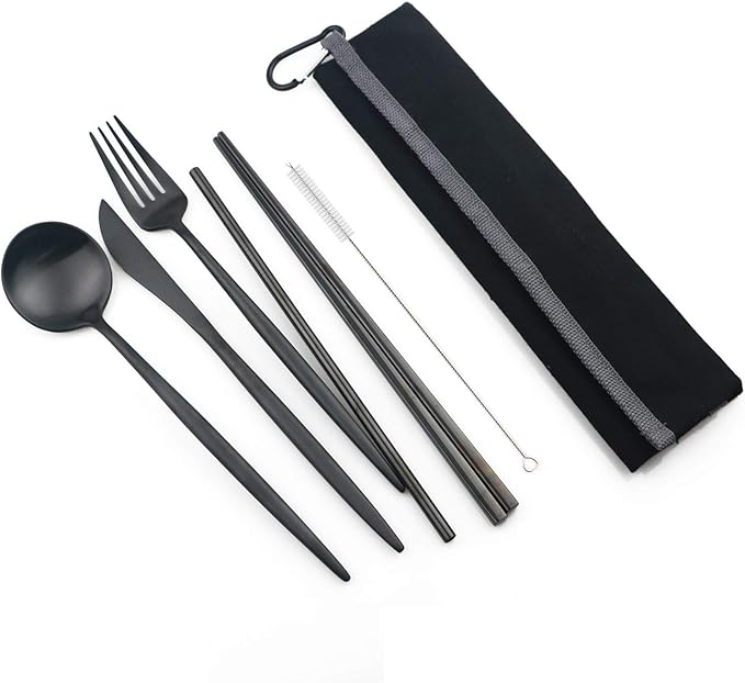 Portable 6 Pieces Flatware Set, 304 Stainless Steel Knife, Fork, Spoon, Chopsticks, Metal Straw, Cleaning Brush, Durable Travel Cutlery Set, Black Pouch Bag, Black