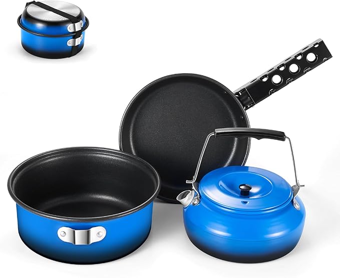 Odoland 5pcs Camping Cookware Non-Stick Camping Pot and Pan Set with Kettle and Removable Handle for Hiking Backpacking and Picnic