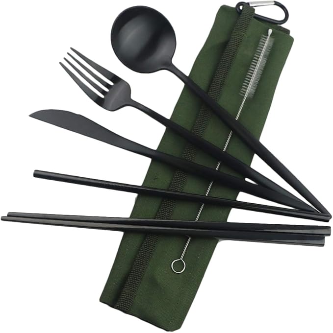 Gugrida Reusable Travel Utensils, 7 Piece Portable 304 Stainless Steel including Knife Fork Spoon Chopsticks Cleaning Brush Straws Portable Pouch, Eco-friendly Camping Silverware Set, Dishwasher Safe