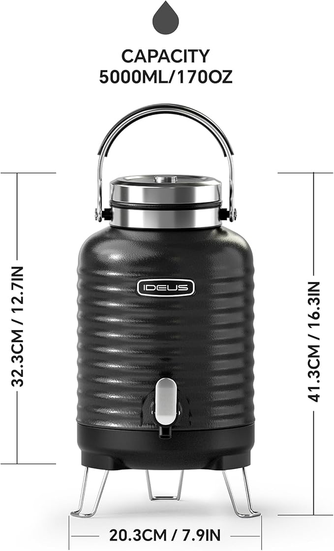 IDEUS Insulated Beverage Dispenser 5.2L, All-in-one for Camping Vacuum Double-Wall Stainless Steel Water Cooler Coffee Carafe Jug Leakproof Drink Container with Handle, Spigot & Stand (Black)