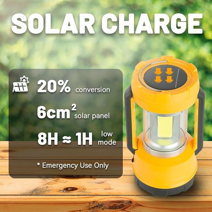 LED Camping Lantern Rechargeable, Spotlight Flashlight with Solar Panel, Bright 1000 Lumen, 5 Modes, 20H Long Lasting 4000 mAh , Rechargeable Lantern for Hurricane, Emergency, Power Outages - Yellow