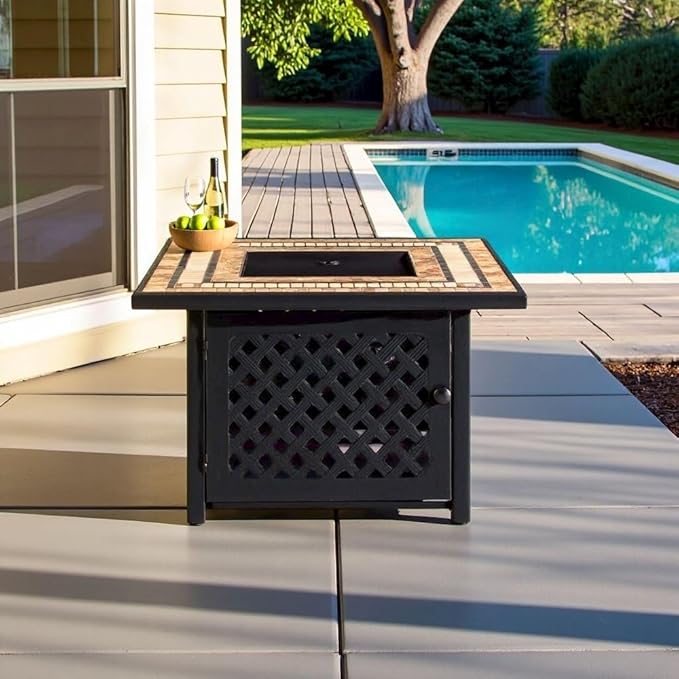 Brown Fire Pit Table with Tiled Top, Beads, and Covers – Propane Backyard Fireplace and Patio Furniture with Hidden Tank Storage