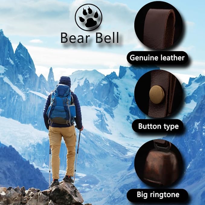 kcrygogo Loud Bear Bells with Leather Button Strap and Emergency Whistle for Survival, Hiking, Biking, Fishing, Climbing（2sets
