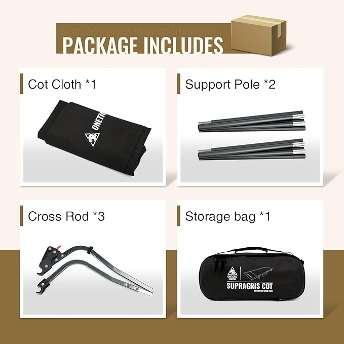 ONETIGRIS SUPRAGRIS Camping Cot, Support Up to 400lbs, Lightweight Comfortable Folding Bed for Camping, Hiking, Backpacking, Travel, Car Trips, Office Nap (Black)