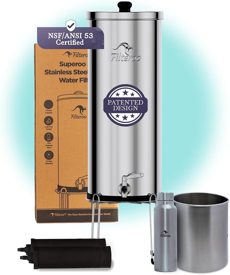 Filteroo® Superoo Countertop Gravity Water Filter System - 3.17 Gal/12L | 304 Stainless Steel | 2 Carbon Filters | NSF/ANSI Tested Gravity-Fed Water Purifier | Remove Bacterias & Heavy Metals