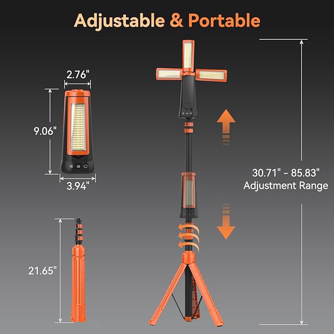 Rechargeable Camping Light with Stand 7ft Max Height, 15000mAh Portable Cordless LED Work Light, 5500 Lumen 6500/4500/3500K Dimmable Emergency Flashlight with Detachable Tripod, Orange