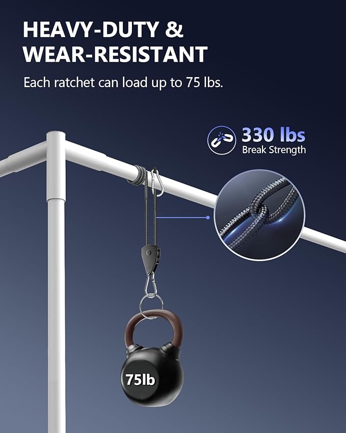 VIPARSPECTRA Retractable Heavy Duty Ratchet Tie Down Straps [2 Pack, 8ft, 75lbs/Pack], Rope Pulley System with Carabiner Hook for Hanging Plants/Grow Light/Tents Various Tie-Down Uses