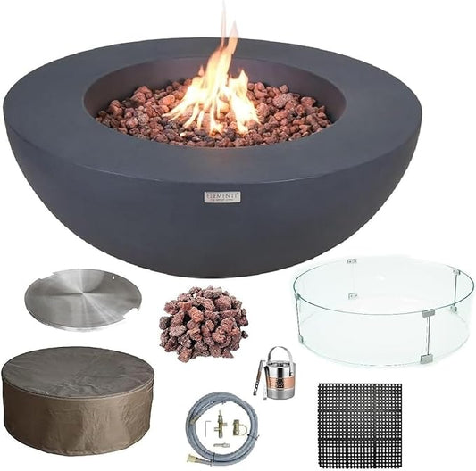 Elementi Lunar Bowl Cast Concrete Fire Table Bundle, Outdoor Fire Pit Fire Table Patio Furniture, Dark Gray (Natural Gas)