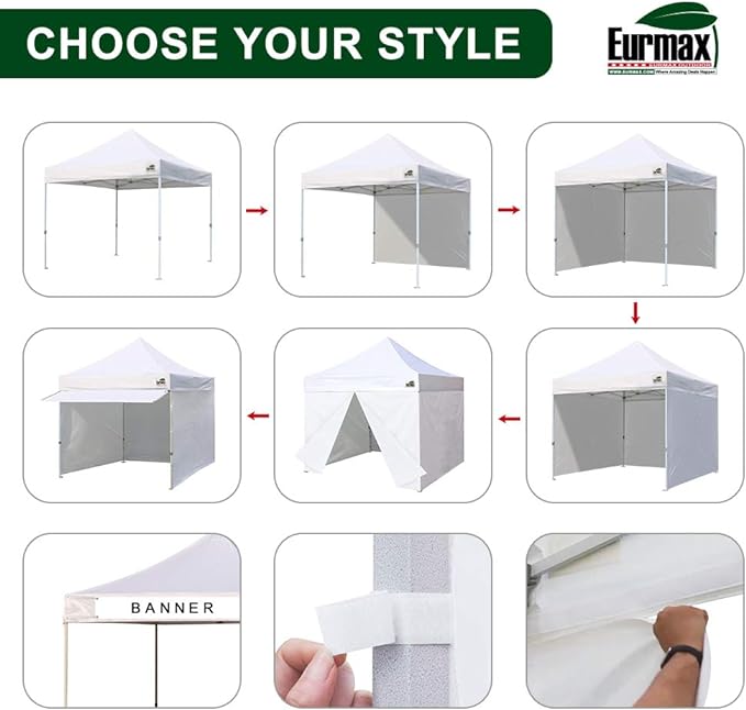 Eurmax USA 10 x 10 Pop up Canopy Commercial Tent Outdoor Party Canopies with 4 Removable Zippered Sidewalls and Roller Bag Bonus 4 Canopy Sand Bags & 24 Squre Ft Extended Awning(White)