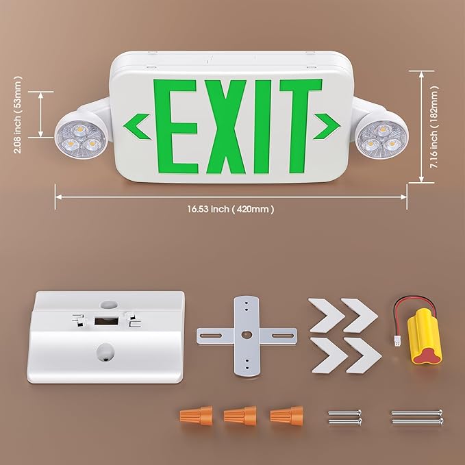 Emergency Exit Sign Lights Combo with Battery Backup, Double Sided Hardwired 6 LEDs Exit Signs, Adjustable Heads Green Emergency Exit Lighting Ceiling/Wall Mount, UL Listed, AC 120/277V (4 Pack)