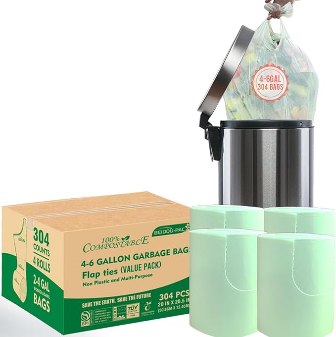 4-6 Gallon Flap Tie Compostable Trash Bags, 304 Count, Compost Bags Kitchen Trash Bags, Sturdy Biodegradable Garbage Bags Food Scrap Waste Bags, ASTM D6400, US BPI Certified