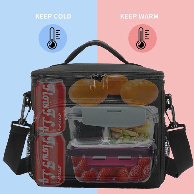 FlowFly Insulated Reusable Lunch Bag Adult Large Lunch Box for Women and Men with Adjustable Shoulder Strap,Front Zipper Pocket and Dual Large Mesh Side Pockets, Black