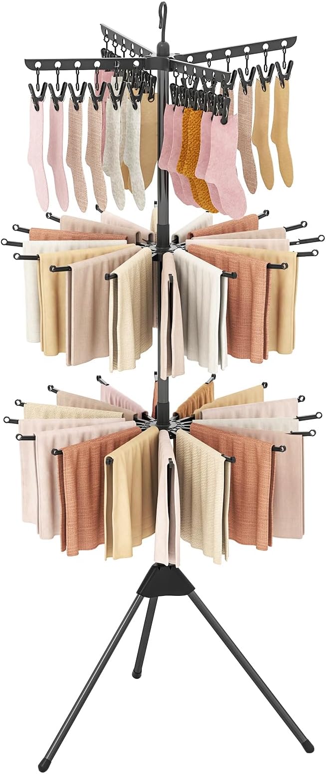 Giantex Tripod Clothes Drying Rack, 3-Tier Freestanding Folding Laundry Drying Rack w/24 Clips & 32 Rods, 70" Space Saving Towel Drying Stand w/360° Rotatable Arms for Laundry Room, Balcony, Black