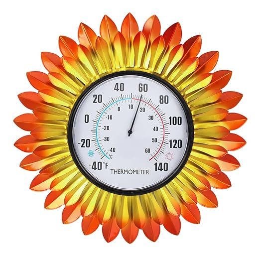 VEWOGITF Outdoor Thermometer, Metal Wall Themometer No Need Battery, Yellow Flower Indoor Thermometer with Large Number for Patio Room Decor