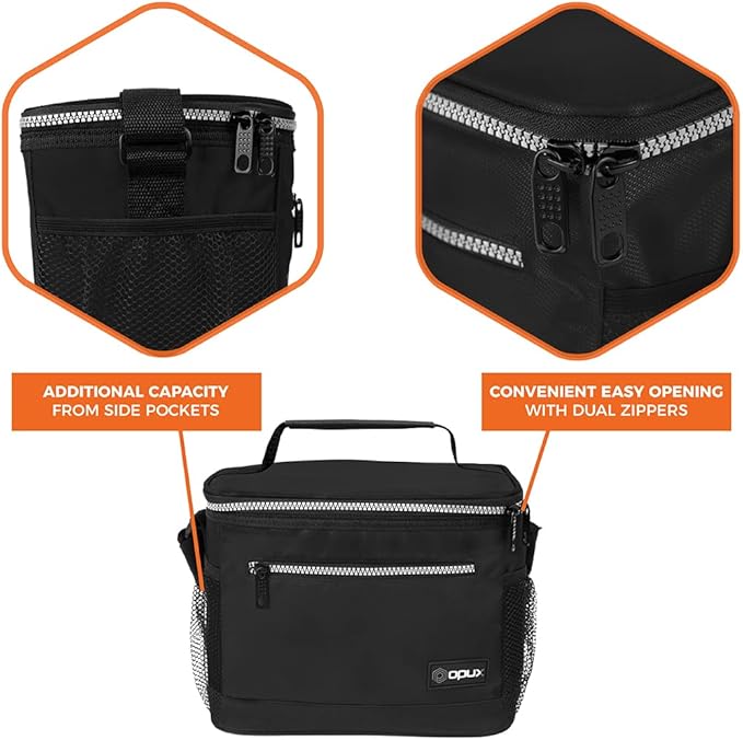 opux Insulated Lunch Box Men Women, Lunch Bag for Work School, Leakproof Soft Cooler Tote Adult, Large Lunch Pail Kids Boys Girls, Picnic Beach Food Bag with Shoulder Strap, Black