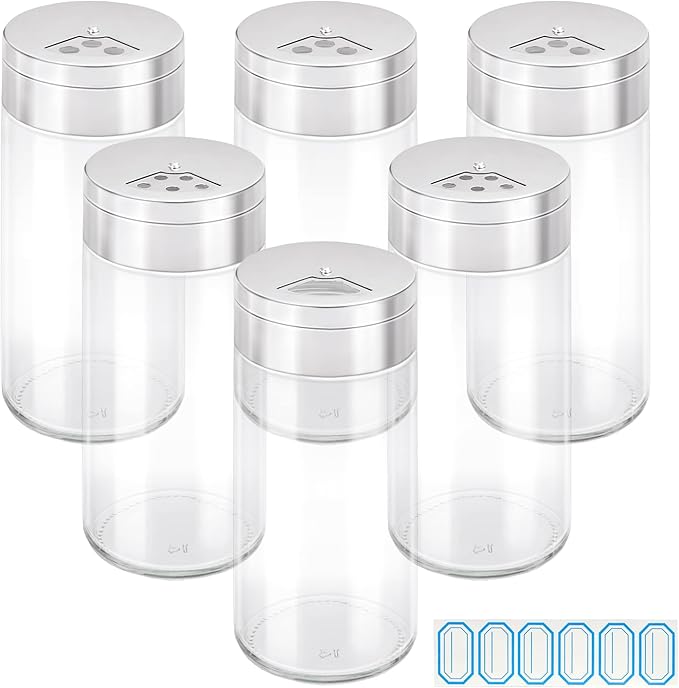 Segarty Spice Jar with Shaker Lids, 6 Pack 6 oz Spice Jars with Adjustable Pour Large Holes for Herbs Grains, Empty Glass Spices Bottles Seasoning Containers Salt Pepper Shakers