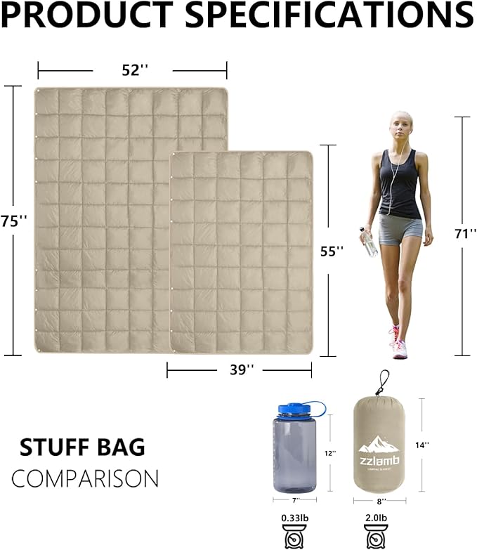zzlamb Camping Blanket, Compact Lightweight Soft Puffy Blanket Water-Repellent, Packable Warm Quilt Down Alternative Picnic Hiking Backpacking Beach Travel RV Airplane Couch Car