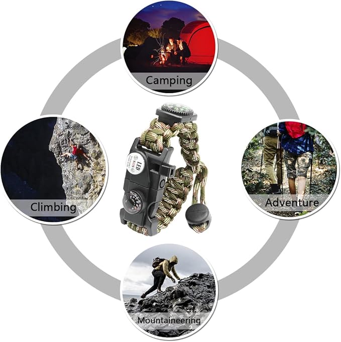 20 in 1 Survival Paracord Bracelet Adjustable Gear Kit with SOS LED Light, Fire Starter, Bigger Compass, Survival Whistle, Perfect for Camping, Hiking, Fishing