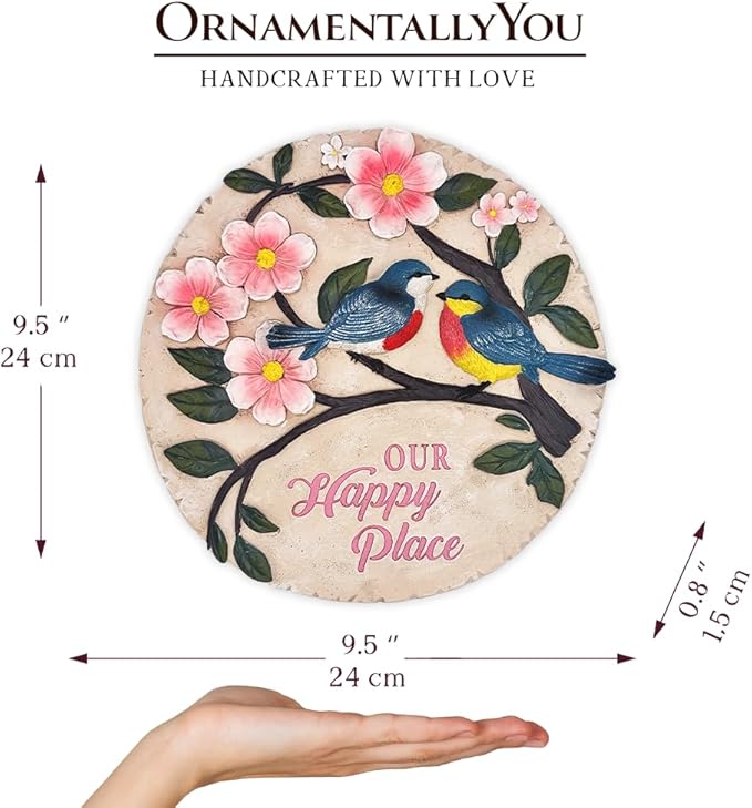Elegant Resin Stepping Stone, Outdoor Garden Pathway Decoration (Blossoming Songbirds Positivity Stepping Stone, 9.5" Happiness Garden Decoration and Support Gift)