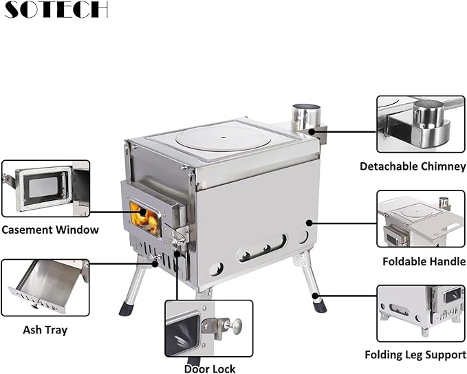 Outdoor Camping Stove Portable Stainless Steel Tent Stove With Chimney Pipe for Outdoor Cooking Backpacking BBQ Hiking Picnic