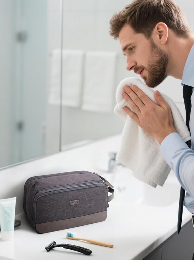 WANDF Toiletry Bag for Men Travel Toiletry Organizer Canvas and Leather Dopp Kit Water-Resistant Shaving Bag for Travel Accessories (Grey, Large)