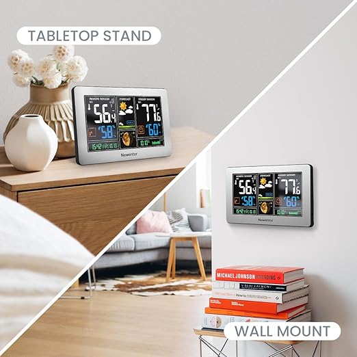 Newentor Weather Station Wireless Indoor Outdoor Thermometer, Color Display Digital Weather Thermometer with Atomic Clock, Barometric Pressure, Forecast Station with Adjustable Backlight, Sliver