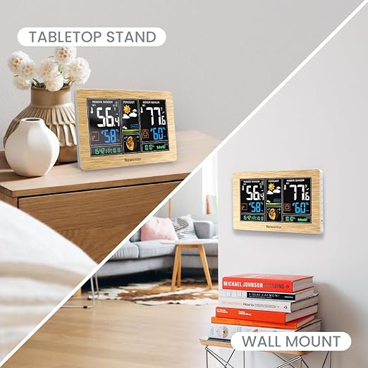 Newentor Weather Station Wireless Indoor Outdoor Thermometer, Color Display Digital Weather Thermometer with Atomic Clock, Barometric Pressure, Forecast Station with Adjustable Backlight, Wood