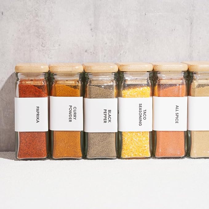 Glass Square Spice Jars with Labels, 4oz Glass Jars with Bamboo Lids, Spice Bottles, Seasoning Organizer, 12 Pack (White)