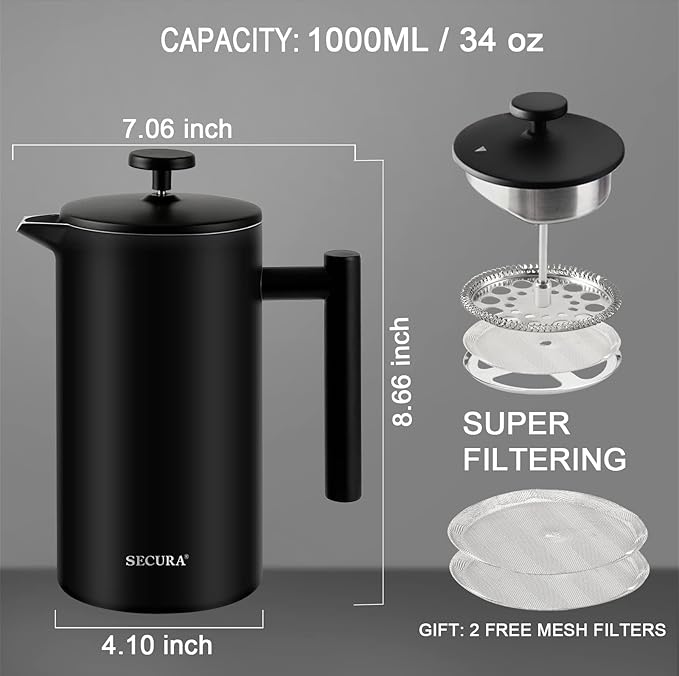 Secura French Press Coffee Maker with 3-Layer Stainless Steel Filter, 34 oz Black, Double-Walled Insulated Design with 2 Extra Filters