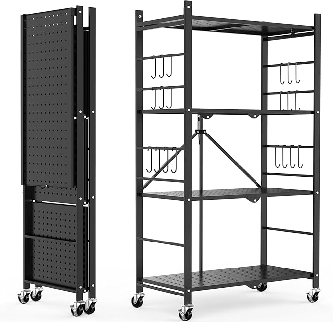 Himix Storage Shelves with 20 Hooks, 4-Tier Foldable Shelves for Storage, Folding Shelf Unit Pantry Shelves with Wheels, Metal Shelving Storage Rack Shelf for Kitchen Garage Home, Black - No Assembly