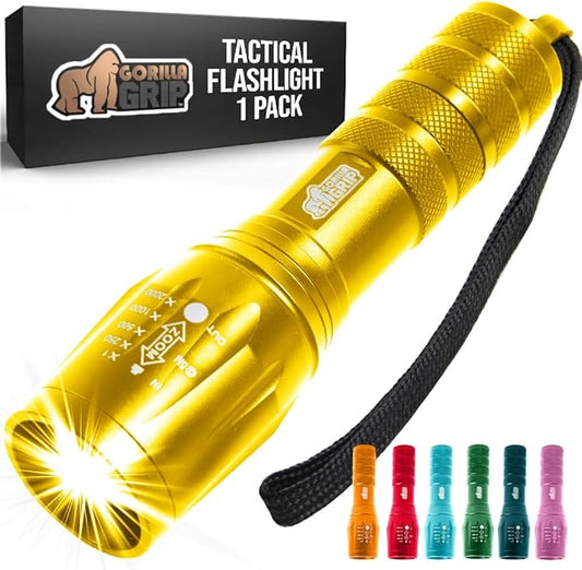 GORILLA GRIP Powerful LED Tactical Flashlight, 750 FT High Lumens 5 Adjustable Modes, Water Resistant, Ultra Bright Zoom Flashlights, Small Mini Flash Light, Camping, Night Dog Walking, Gold