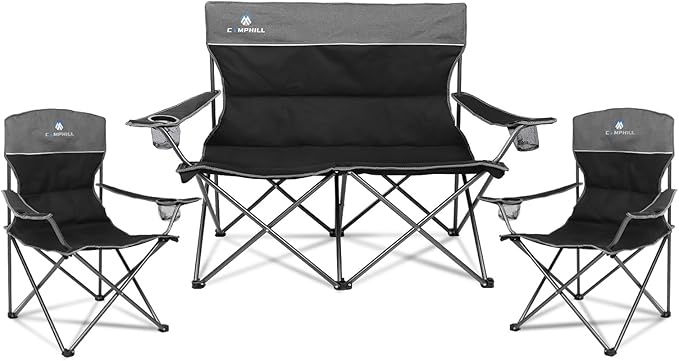 Camping Chair Set of 3, Outdoor Folding Camping Chairs for Heavy People with Cup Holder & Carry Bag,Collapsible Chair Include One Sofa Chair and Two Single Chair,Support up to 500lbs