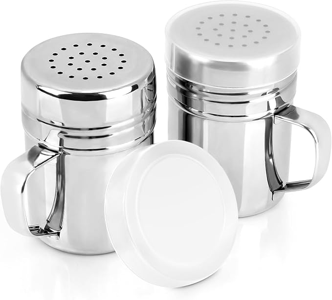 Accmor 2pcs Stainless Steel Dredge, Salt Pepper Dredge Shakers with Handle, Seasonings Spice Shakers with Lid, 6 Ounce