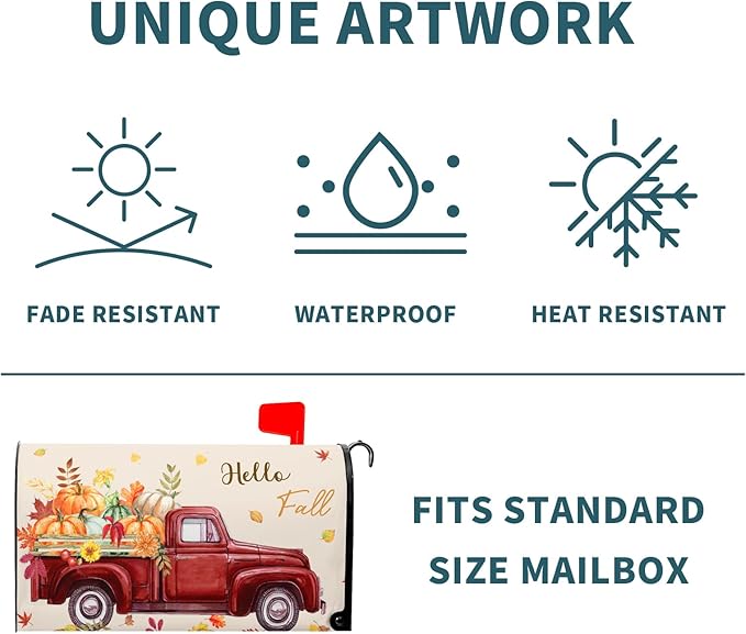 Hello Fall Mailbox Cover Magnetic Autumn Pickup Truck with Pumpkins Letter Box Cover Oversized Size 25.5x21 Inch Happy Harvest Festival Thanksgiving Decorative Post Box Covers for Garden Yard