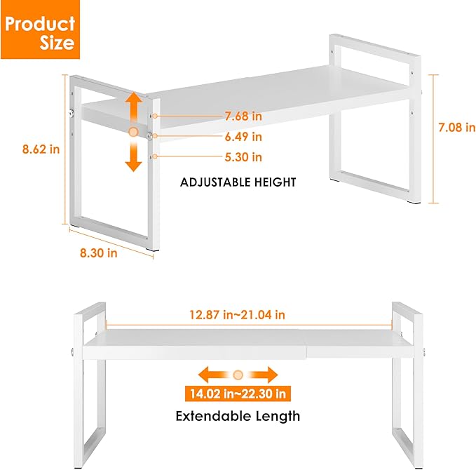 DOLALIKE Expandable Kitchen Countertop Organizer, Stackable Cabinet Shelf Organizers, Space Saving Spice Rack Pantry Storage for Bathroom Office Organization (White, 1-Tier)
