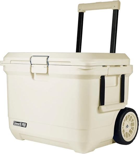 Coleman Pro Heavy-Duty, Desert Sand, 55qt Wheeled Ultra-Light Premium Hard Cooler, Extra-Thick Insulation Keeps Ice up to 5 Days, 92-Can Capacity, Heavy-Duty Wheels